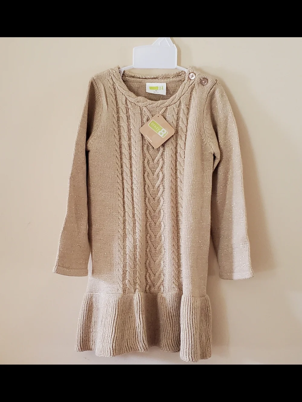 Gymboree Beige Cable Knit Ruffle Hem Dress With Gold-color Woven Through It